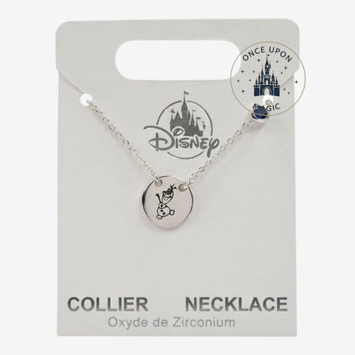 Once Upon Magic silver-tone Disney Olaf necklace with a round engraved pendant and a blue cubic zirconia crystal.