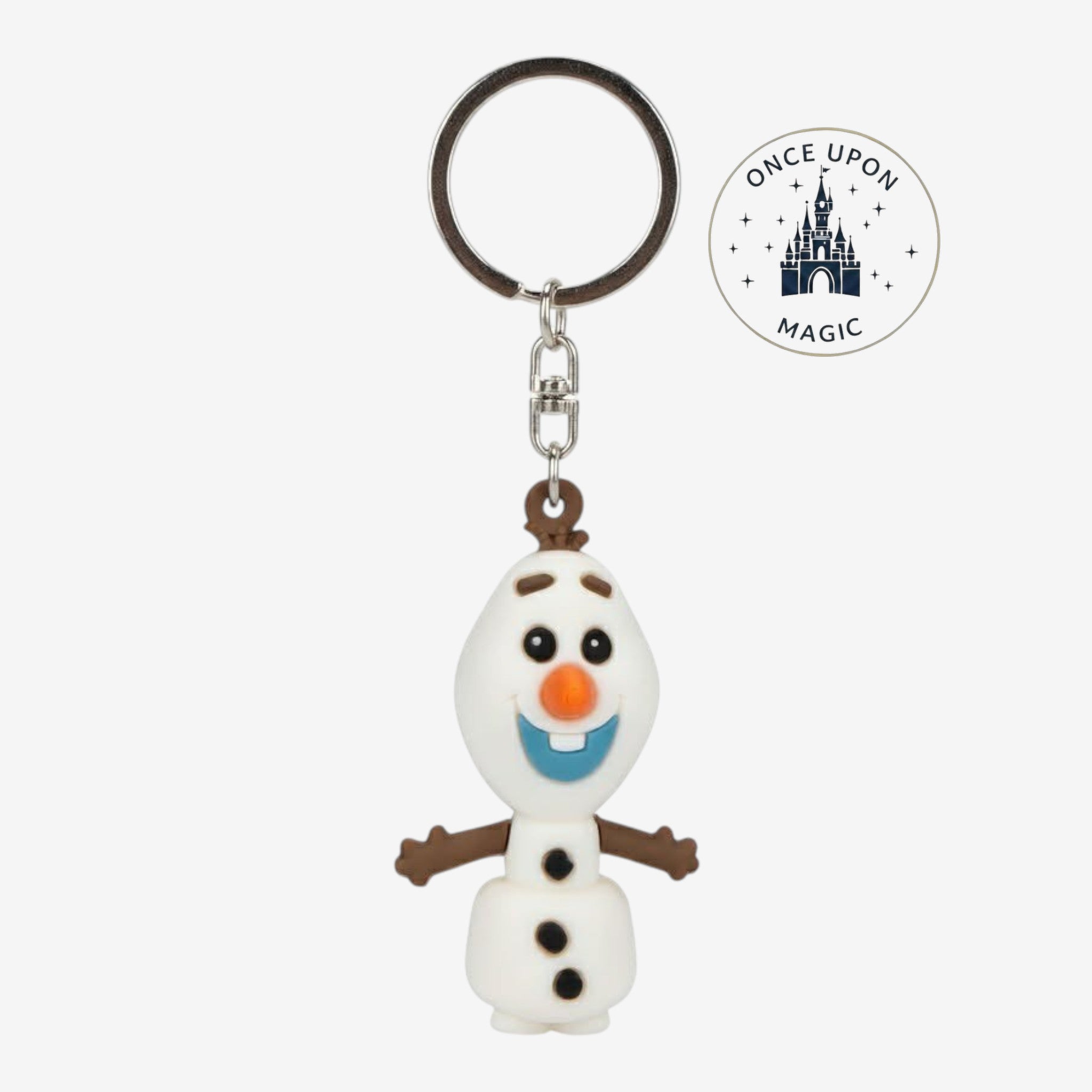 Once Upon Magic Olaf keychain from Frozen, a white snowman with brown twig arms and black button eyes and body.