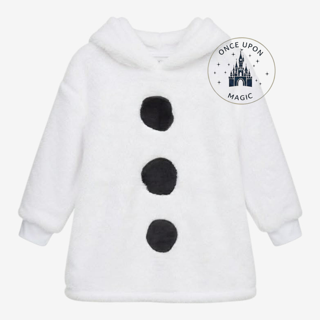 Once Upon Magic white fluffy Olaf hoodie for kids, featuring black button details and a character hood.