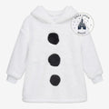 Once Upon Magic white fluffy Olaf hoodie for kids, featuring black button details and a character hood.