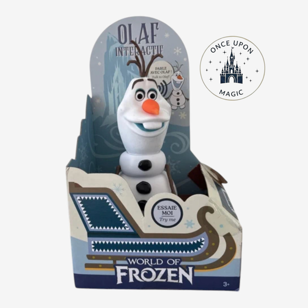 Once Upon Magic Olaf Interactive Shoulder Plush, a white snowman with black buttons and orange carrot nose, in World of Frozen packaging.