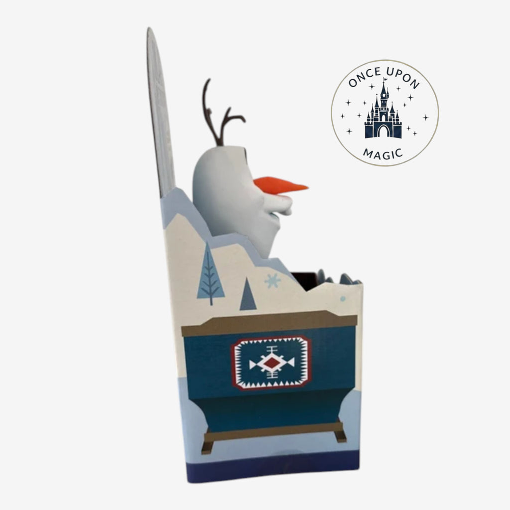 Once Upon Magic Olaf interactive shoulder plush toy with carrot nose and twig arms, in World of Frozen packaging.