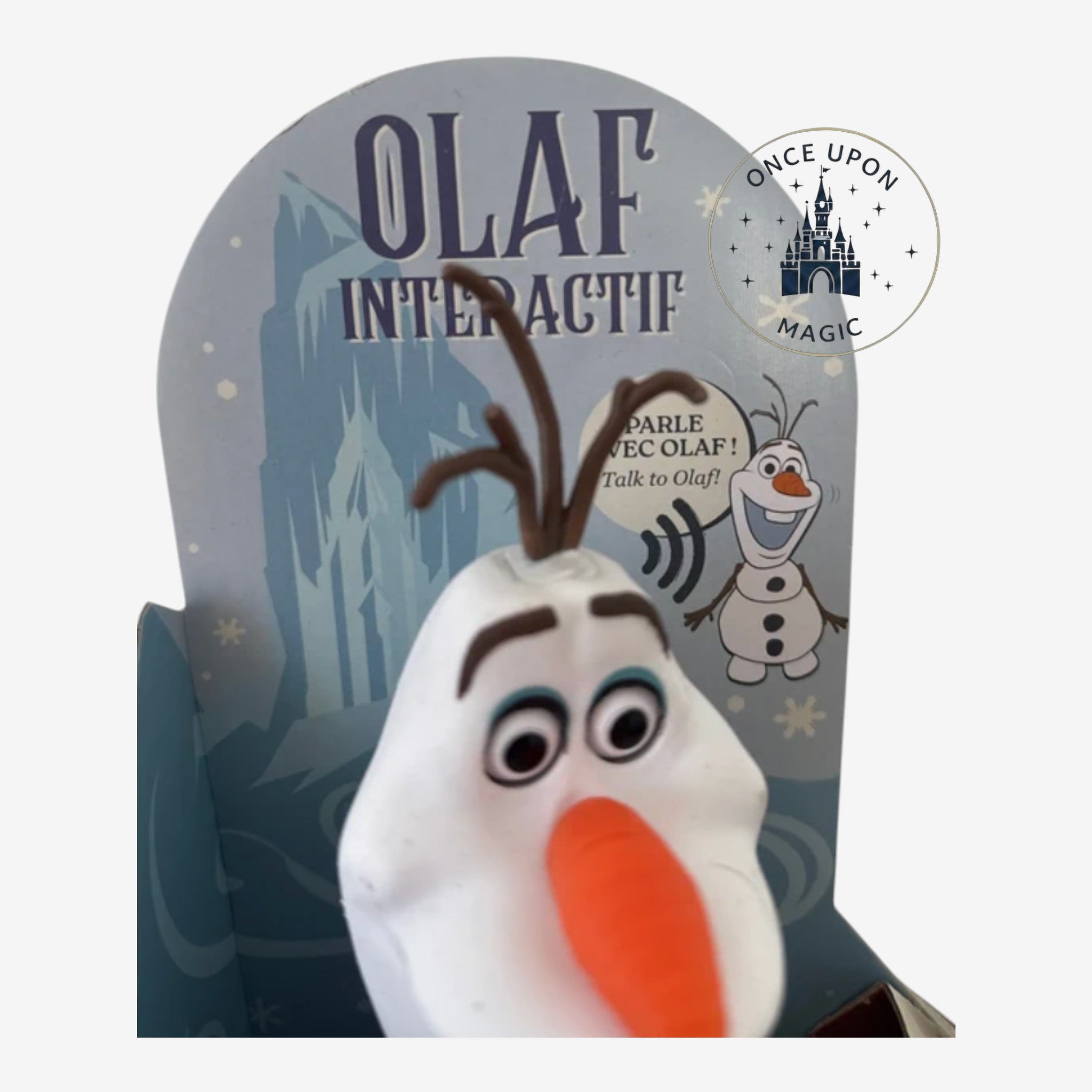 Once Upon Magic Olaf Interactive Shoulder Plush, white snowman with orange nose, speaks French and English.