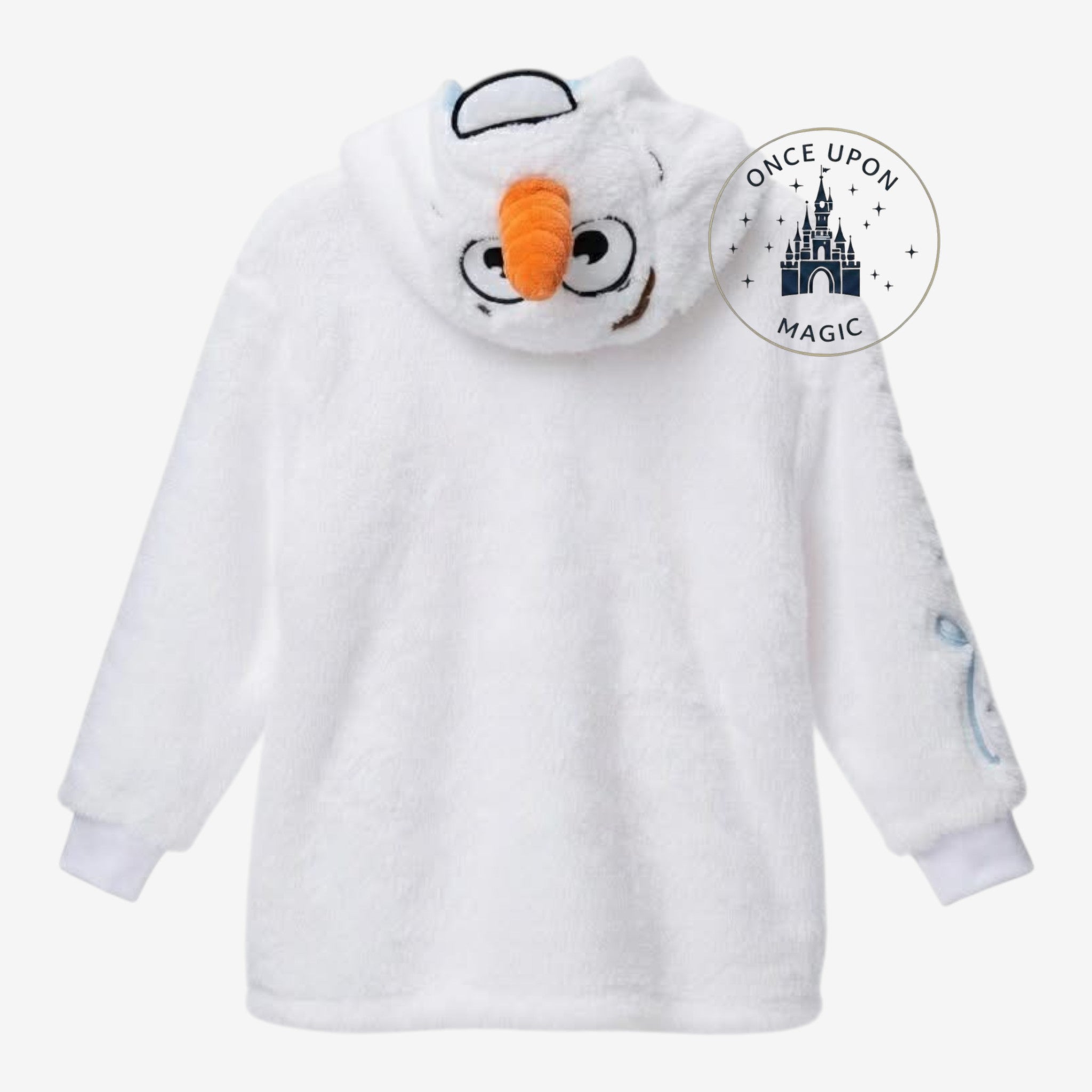 Once Upon Magic white fluffy kids hoodie designed as Olaf from Frozen, with a character face on the hood.