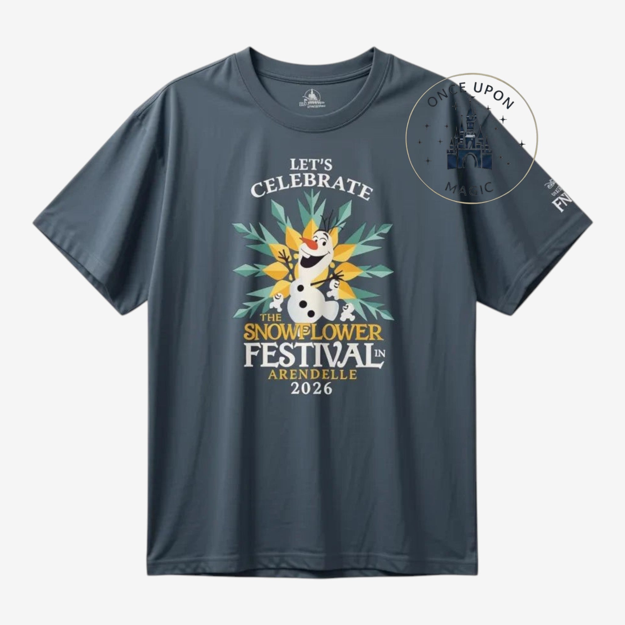 Once Upon Magic slate blue t-shirt with Olaf celebrating the Snowflower Festival in Arendelle 2026.