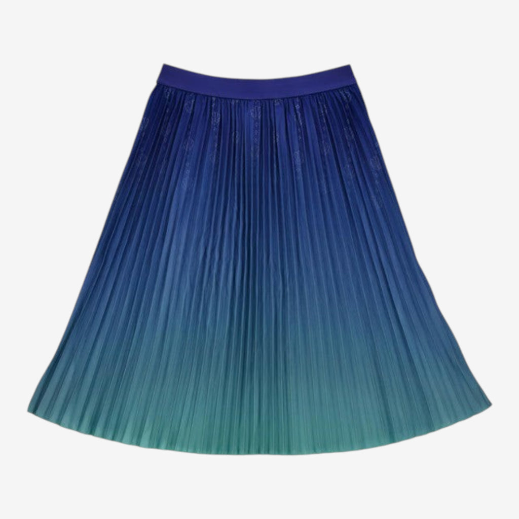 Once Upon Magic pleated midi skirt with ombre navy to teal gradient and shimmering fabric.
