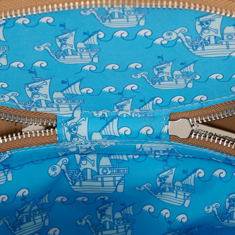 Once Upon Magic Loungefly One Piece crossbody bag interior featuring blue fabric with Going Merry ship pattern
