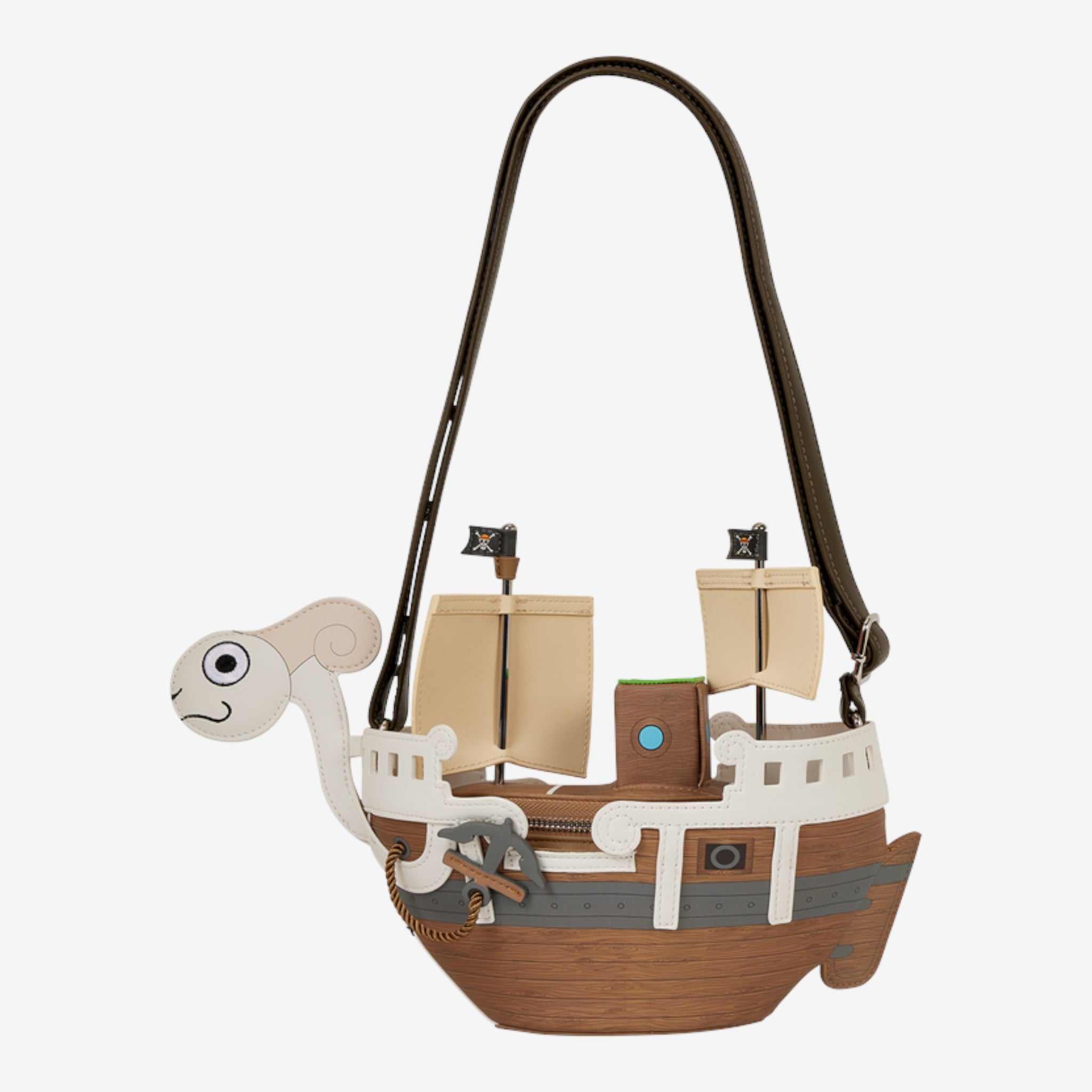 Once Upon Magic Loungefly One Piece Going Merry ship crossbody bag with ram figurehead and wood-grain vegan leather.