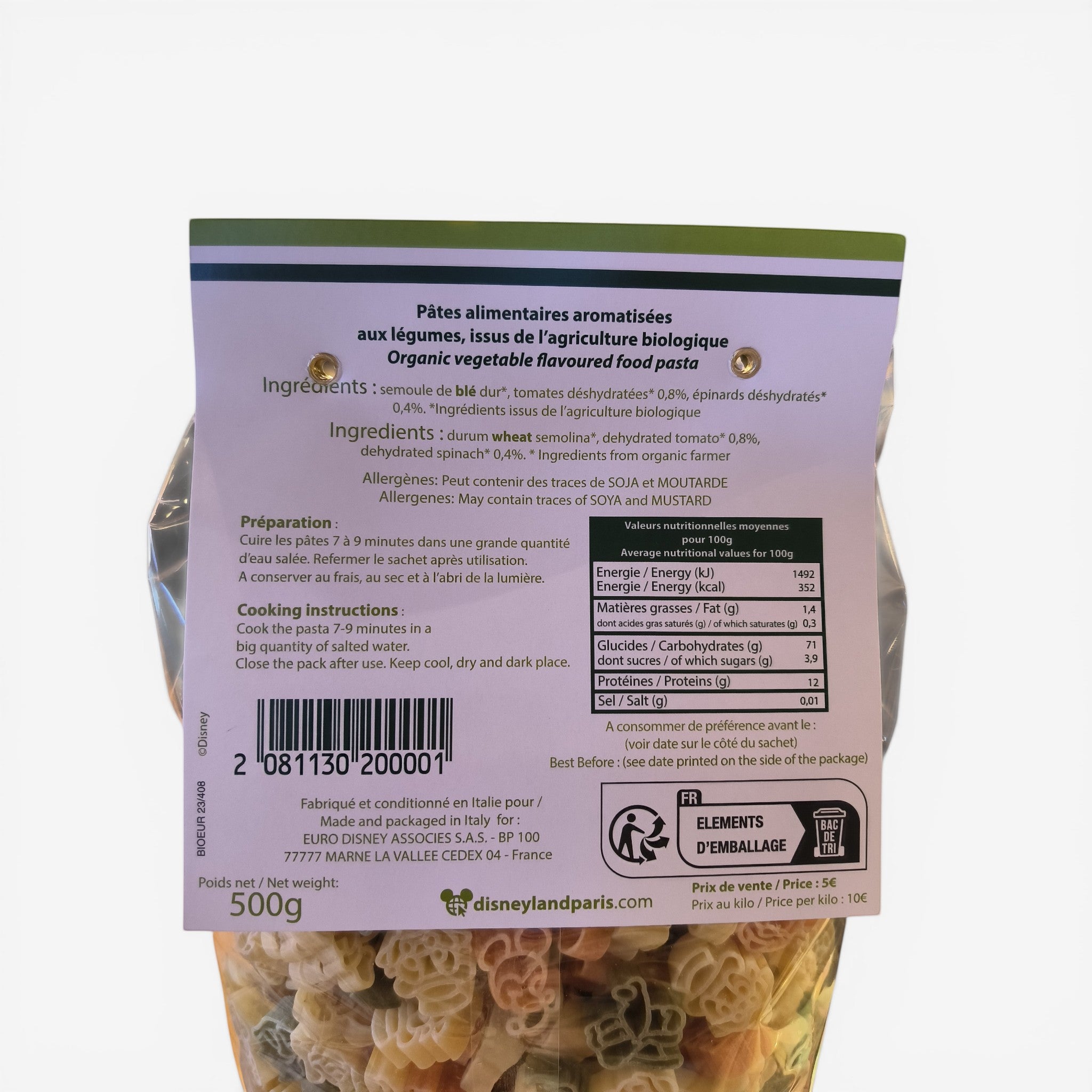 Once Upon Magic organic tricolore pasta shaped like Disney Frozen characters, 500g bag.