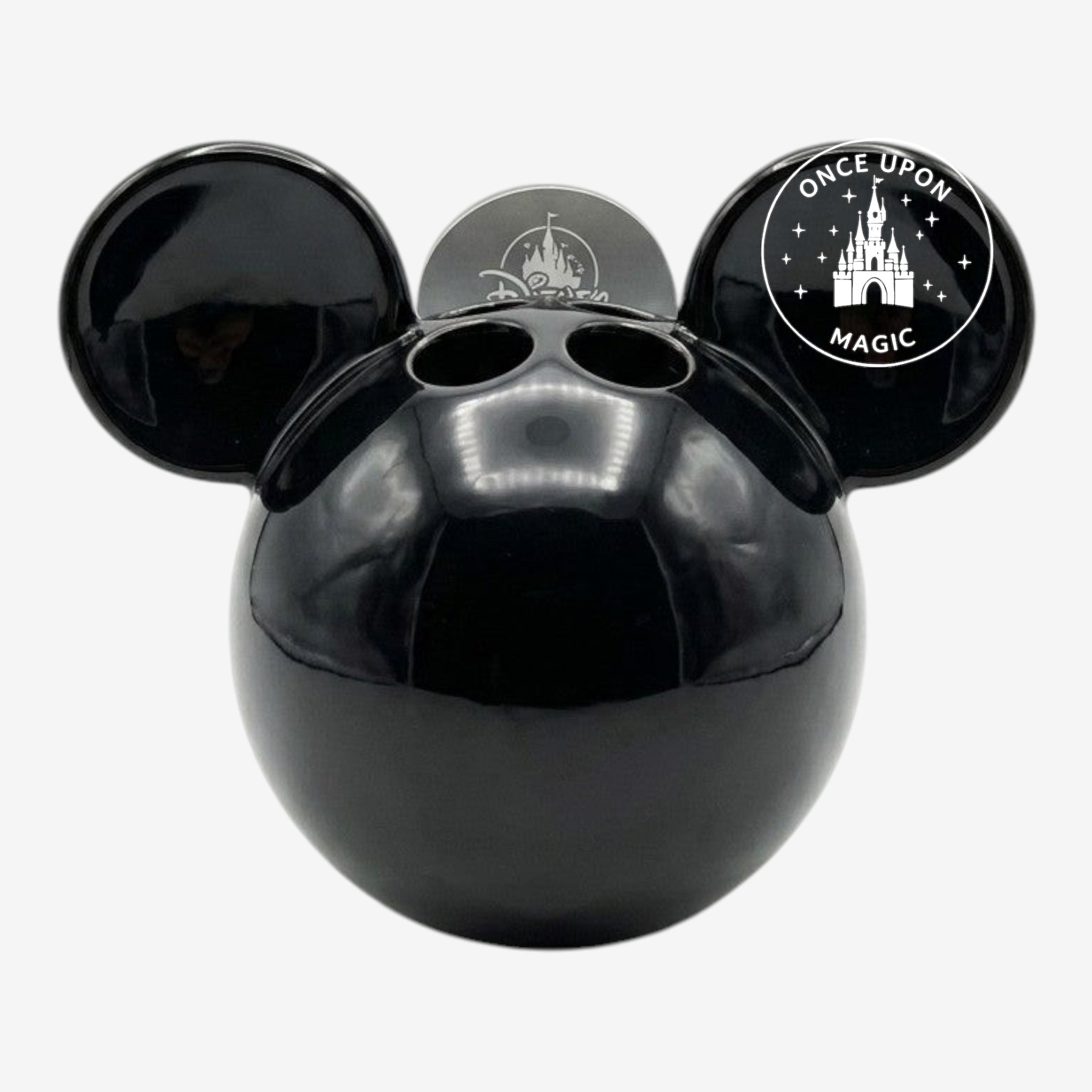 Organisateur de bureau Once Upon Magic en forme de tête de Mickey Mouse noire brillante, idéal pour stylos et accessoires.