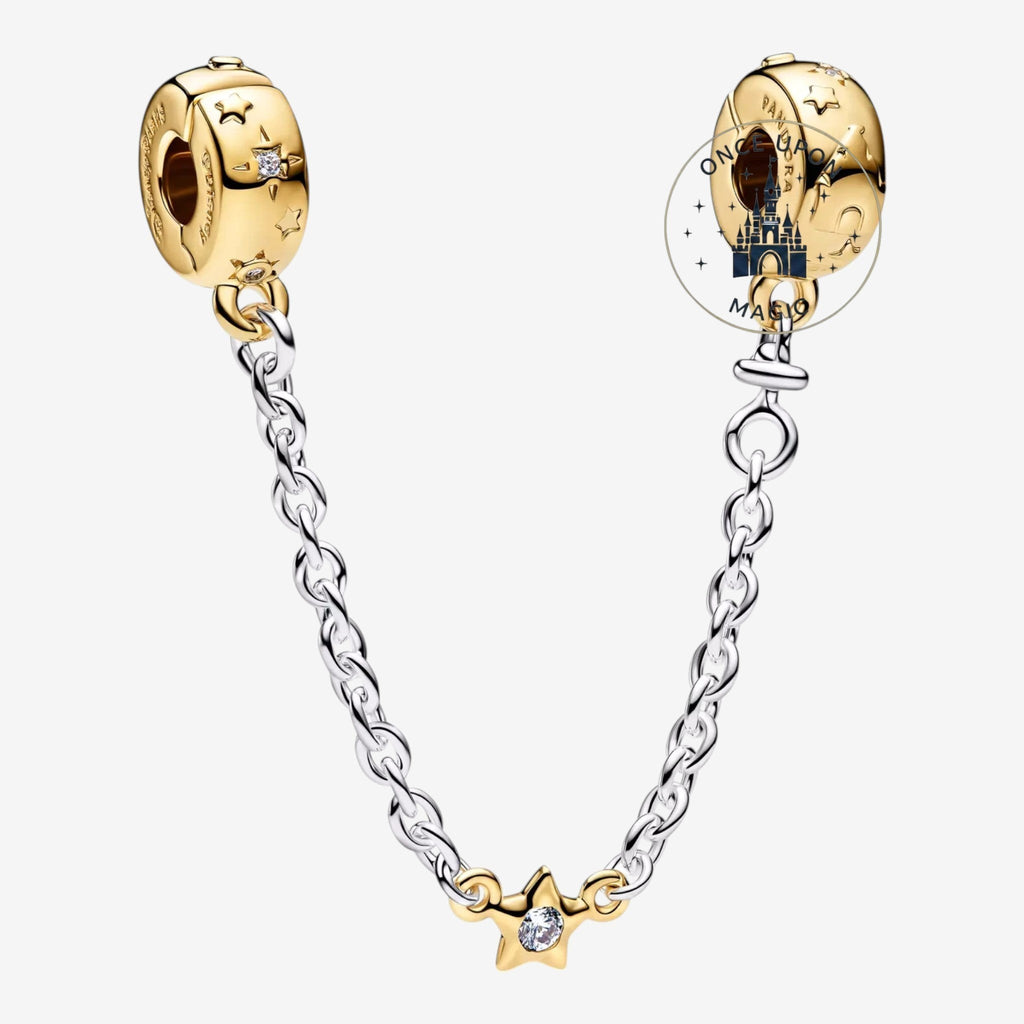 Once Upon Magic Pandora x Disney gold and silver castle charm safety chain with star accent.