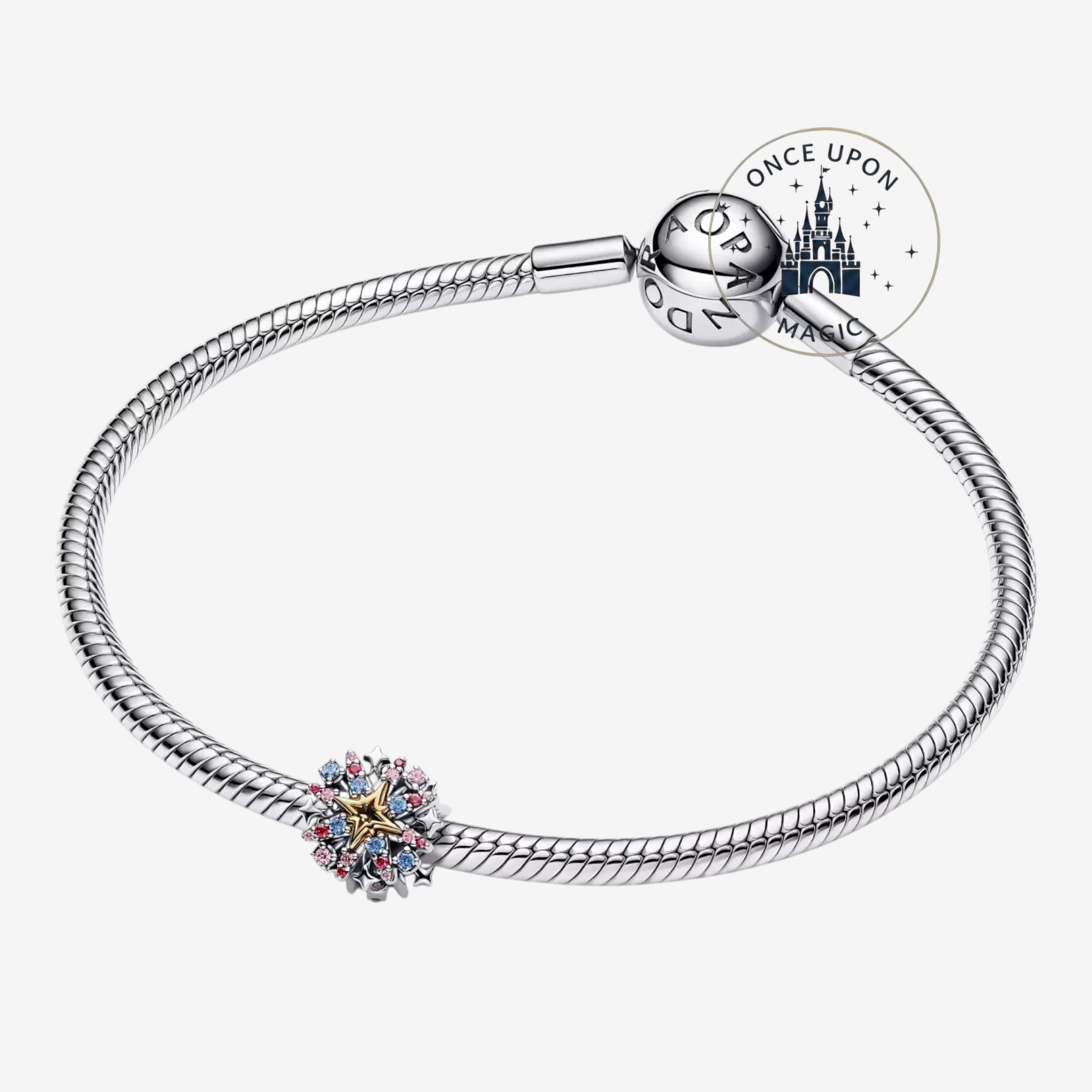 Once Upon Magic Pandora x Disney Firework Couple Charm with pink, blue, and clear stones on a silver bracelet.