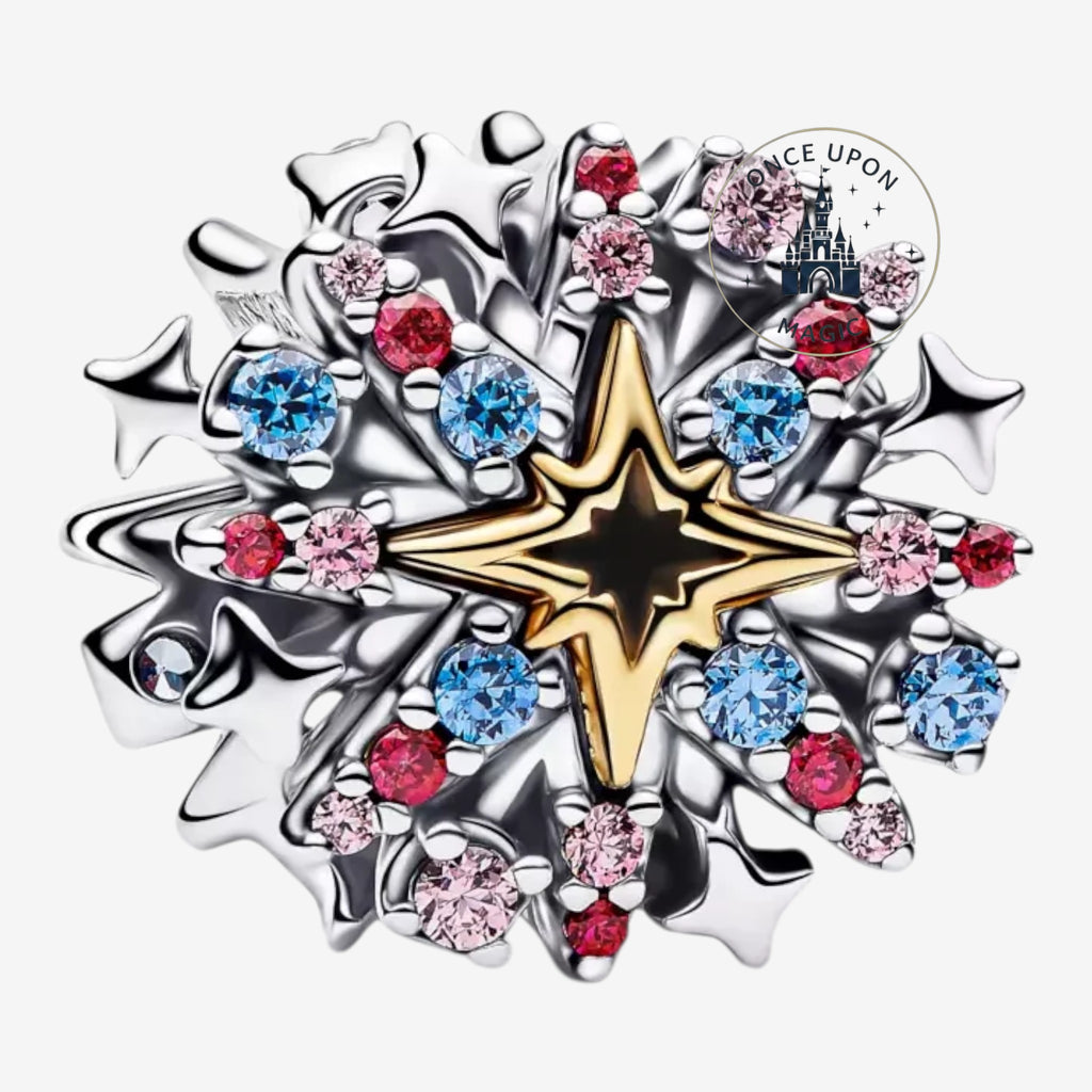 Once Upon Magic Pandora x Disney charm with gold star, blue, pink, and red stones, inspired by fireworks.