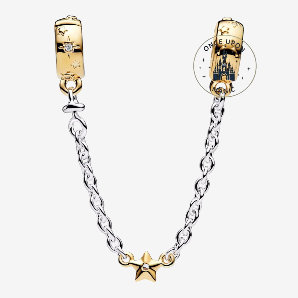 Once Upon Magic Pandora x Disney safety chain bracelet with gold star charm and cubic zirconia accent. Silver chain.