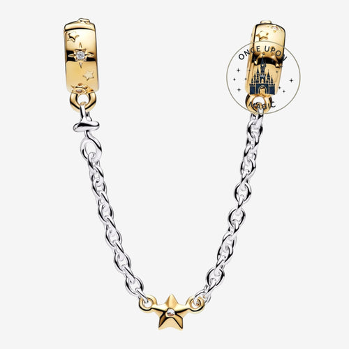 Once Upon Magic Pandora x Disney safety chain bracelet with gold star charm and cubic zirconia accent. Silver chain.