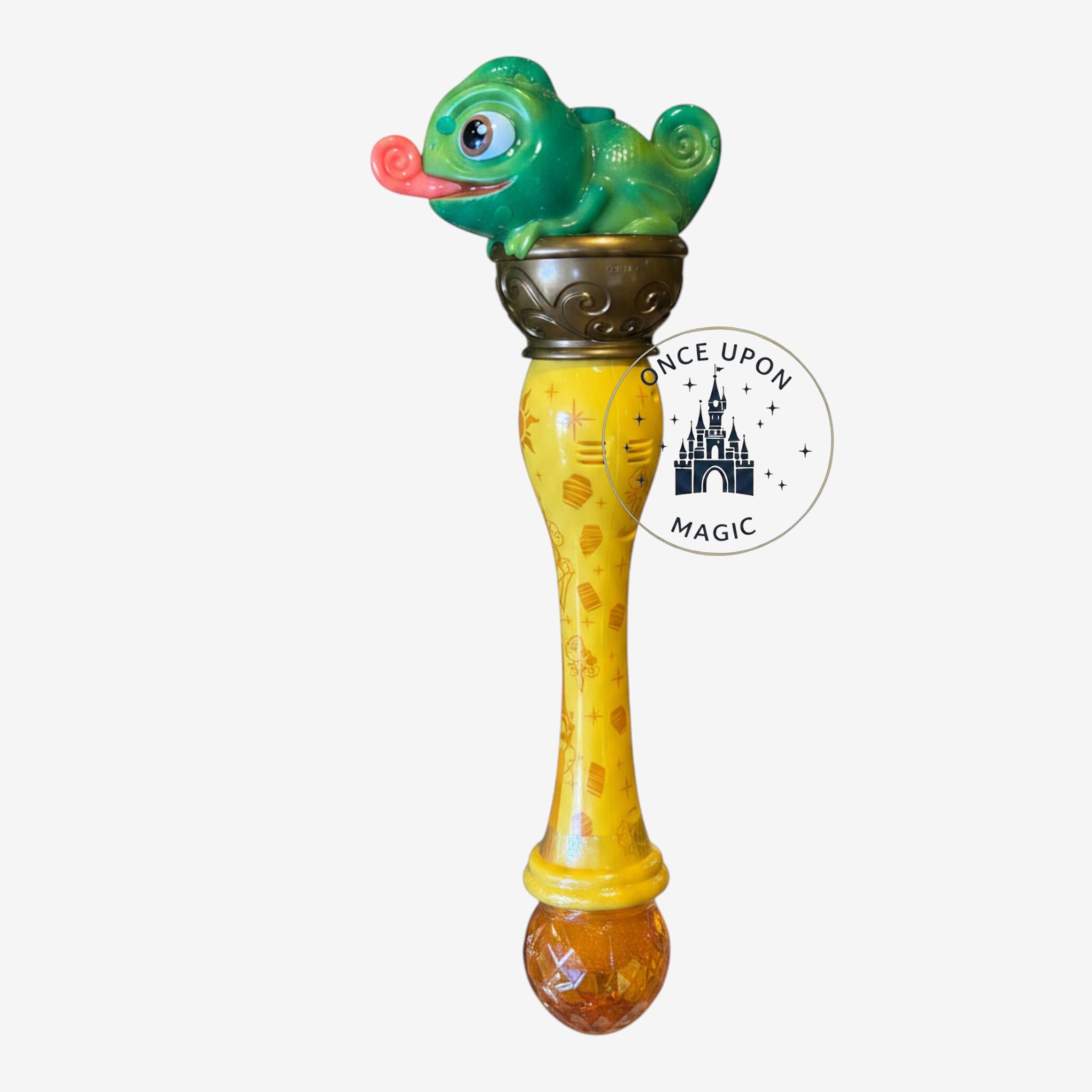 Once Upon Magic Pascal bubble wand featuring a green chameleon figure on a yellow handle with Tangled-themed icons.