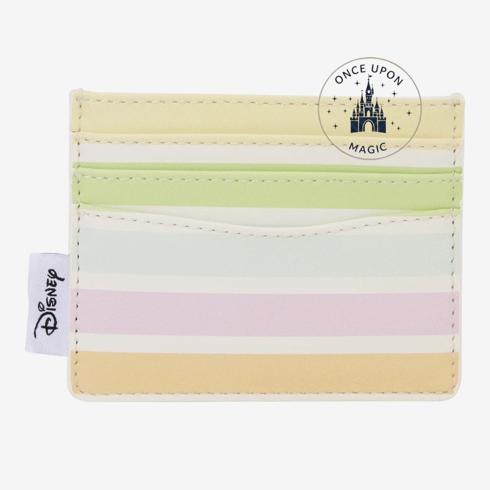 Once Upon Magic pastel stripe cardholder with Mickey & Friends illustration. Faux leather with multiple card slots.