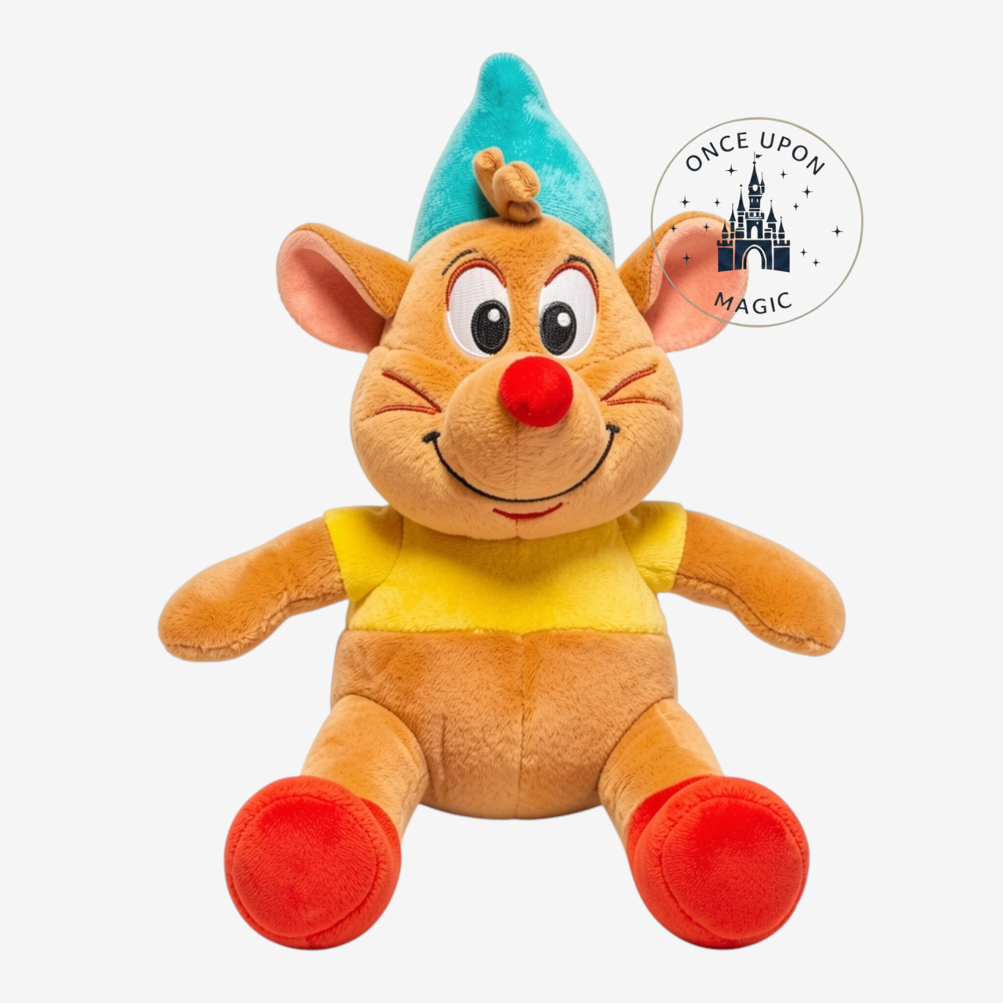 Peluche Once Upon Magic de Gus la souris de Cendrillon en tissu doux avec bonnet bleu et t-shirt jaune