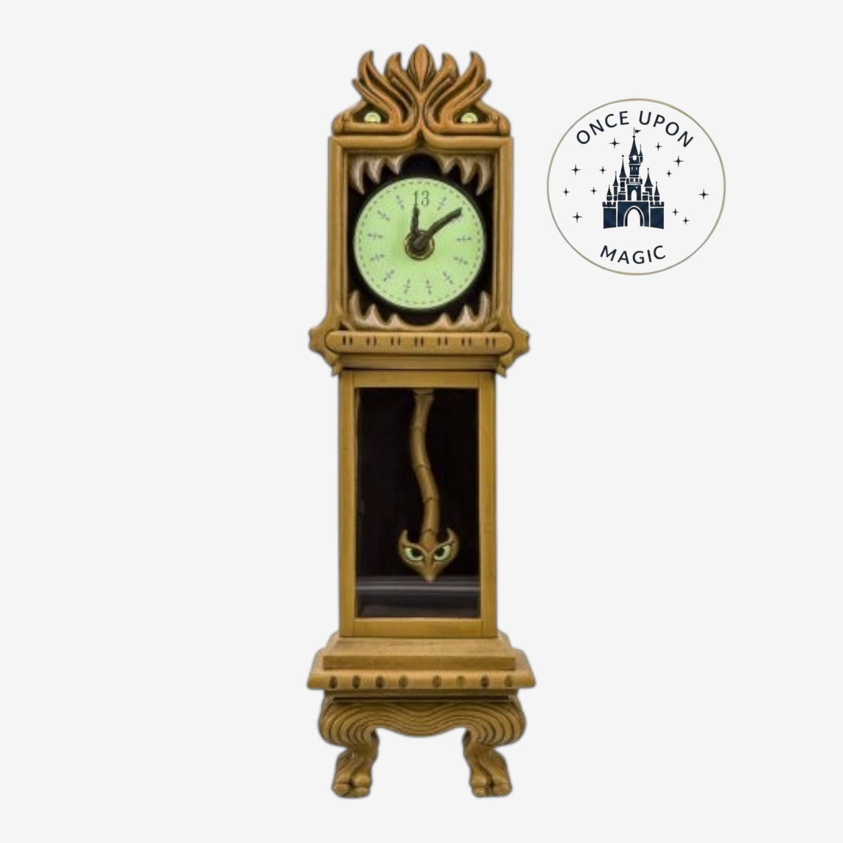 Once Upon Magic Phantom Manor grandfather clock with animated pendulum and luminous face. Haunted Mansion Disney collectible.