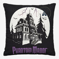 Once Upon Magic Phantom Manor glow in the dark decorative cushion featuring a haunted house design on black fabric