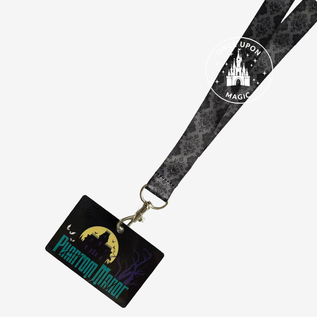Once Upon Magic Phantom Manor charcoal grey lanyard with gothic wallpaper pattern and haunted house badge holder