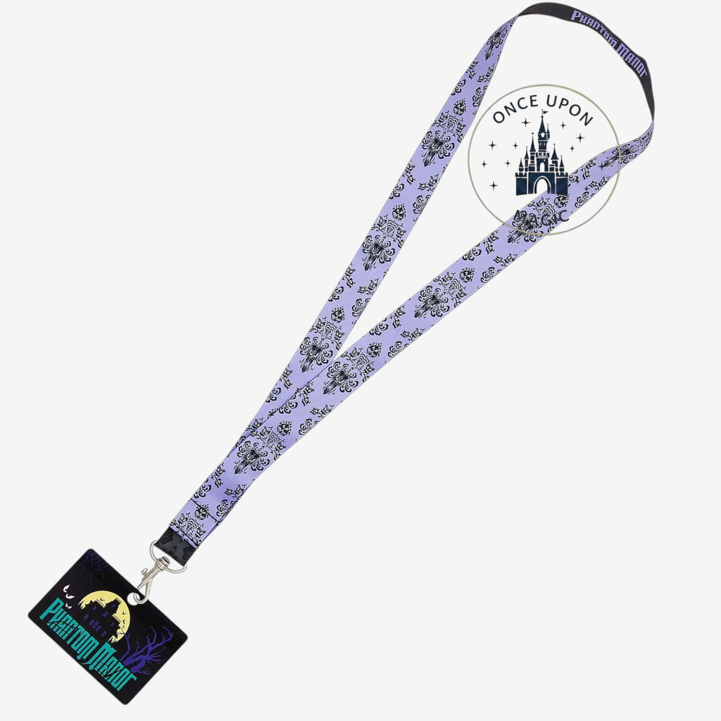 Once Upon Magic lavender Phantom Manor lanyard with wallpaper pattern and haunted mansion silhouette badge holder