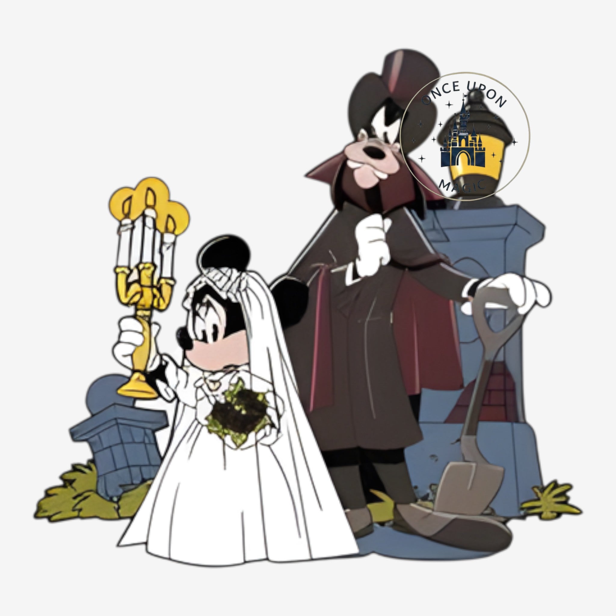 Once Upon Magic Phantom Manor pin featuring Minnie Mouse as a bride and Goofy as a gravedigger in a graveyard setting