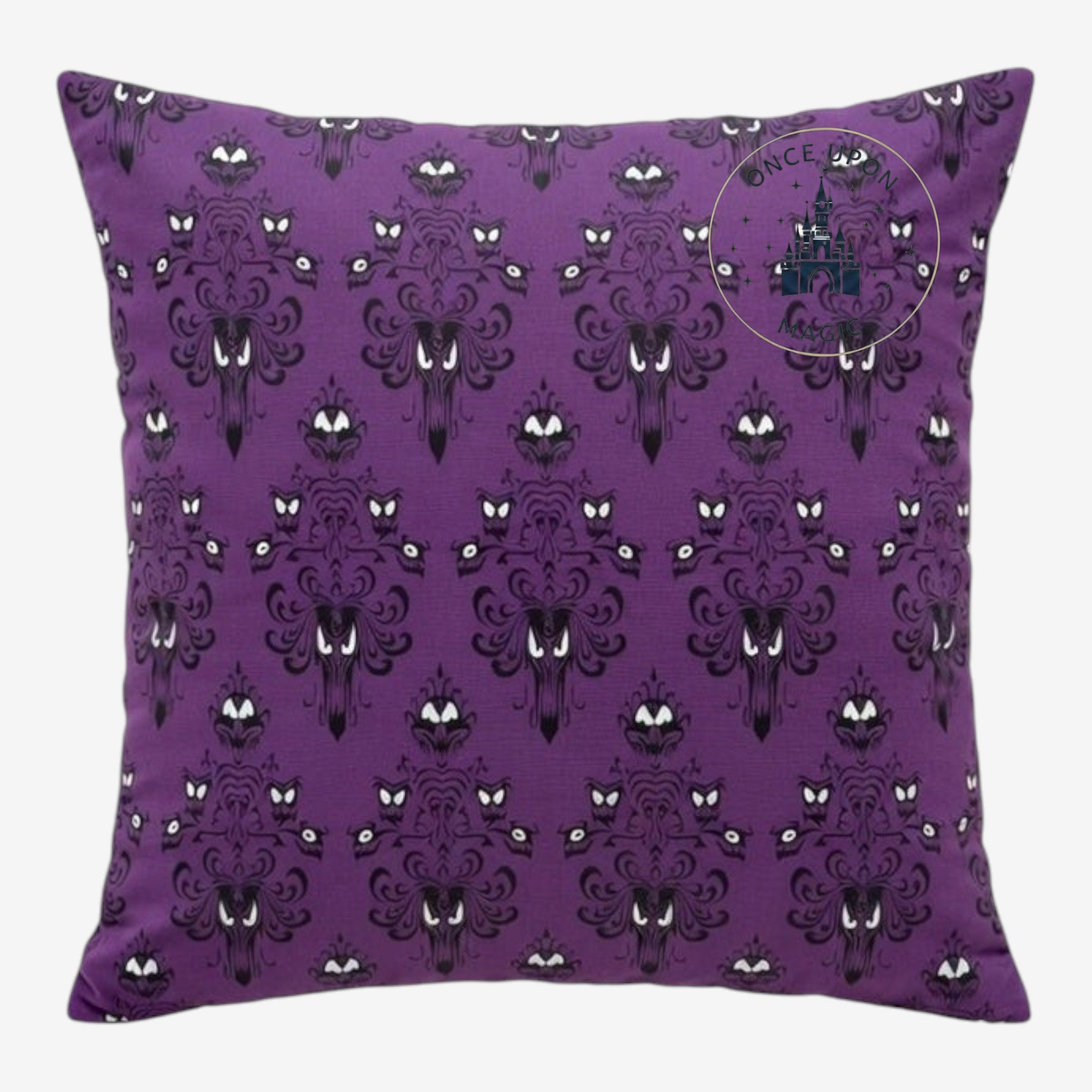 Once Upon Magic Phantom Manor purple cushion with a gothic wallpaper pattern featuring mysterious eyes and faces
