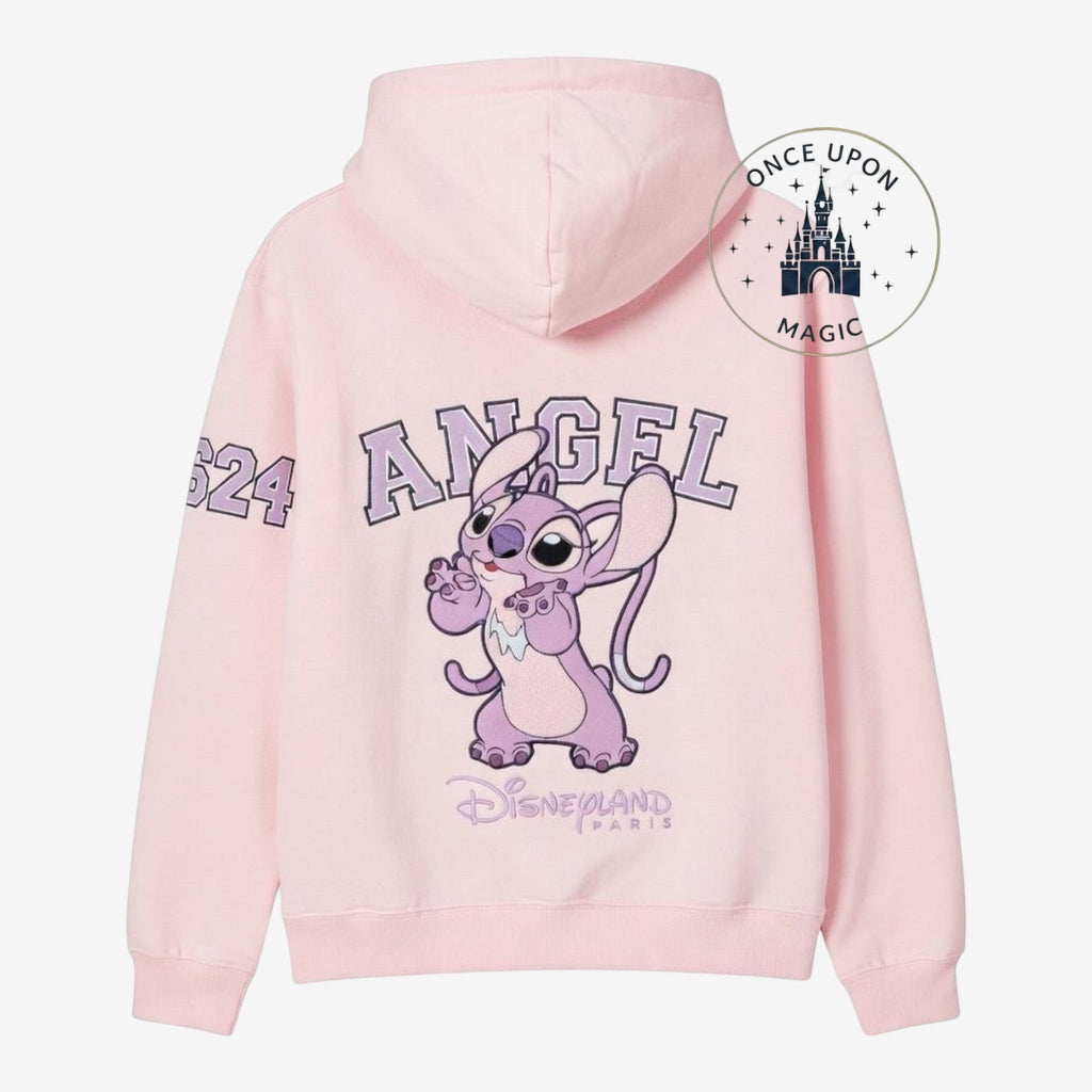 Once Upon Magic pink zip-up hoodie with Angel character graphic and Disneyland Paris logo.