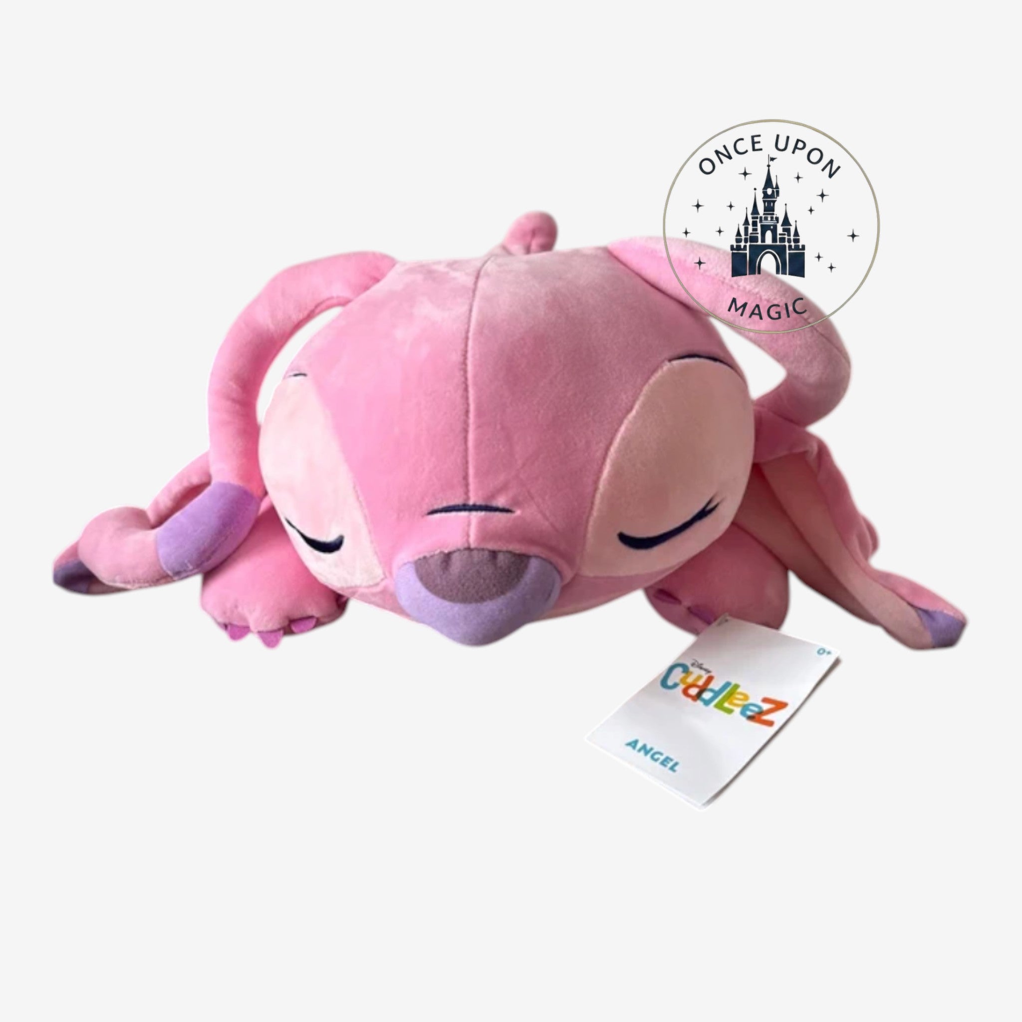 Once Upon Magic pink plush Angel character from Disney's Lilo & Stitch, with purple accents and closed eyes.