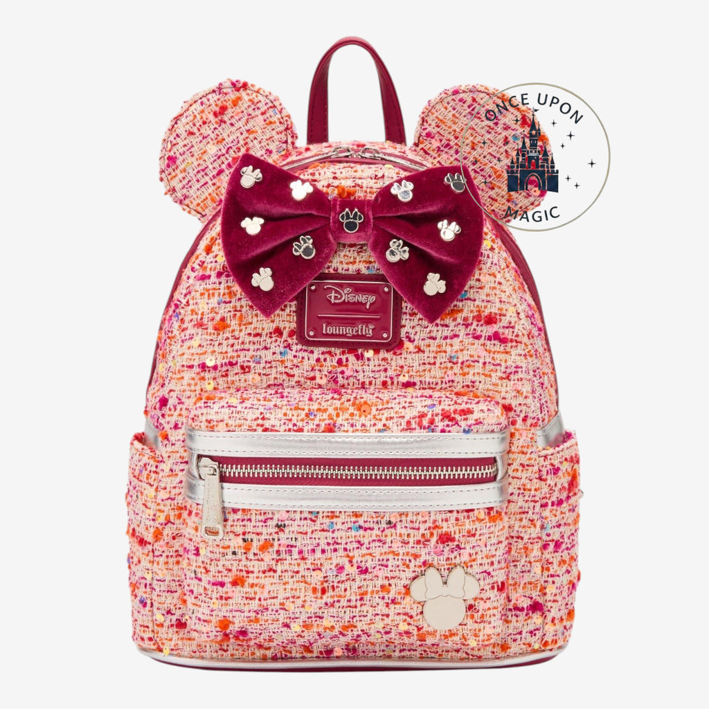 Once Upon Magic pink bouclé Minnie Mouse ears backpack with velvet bow and sequin details.