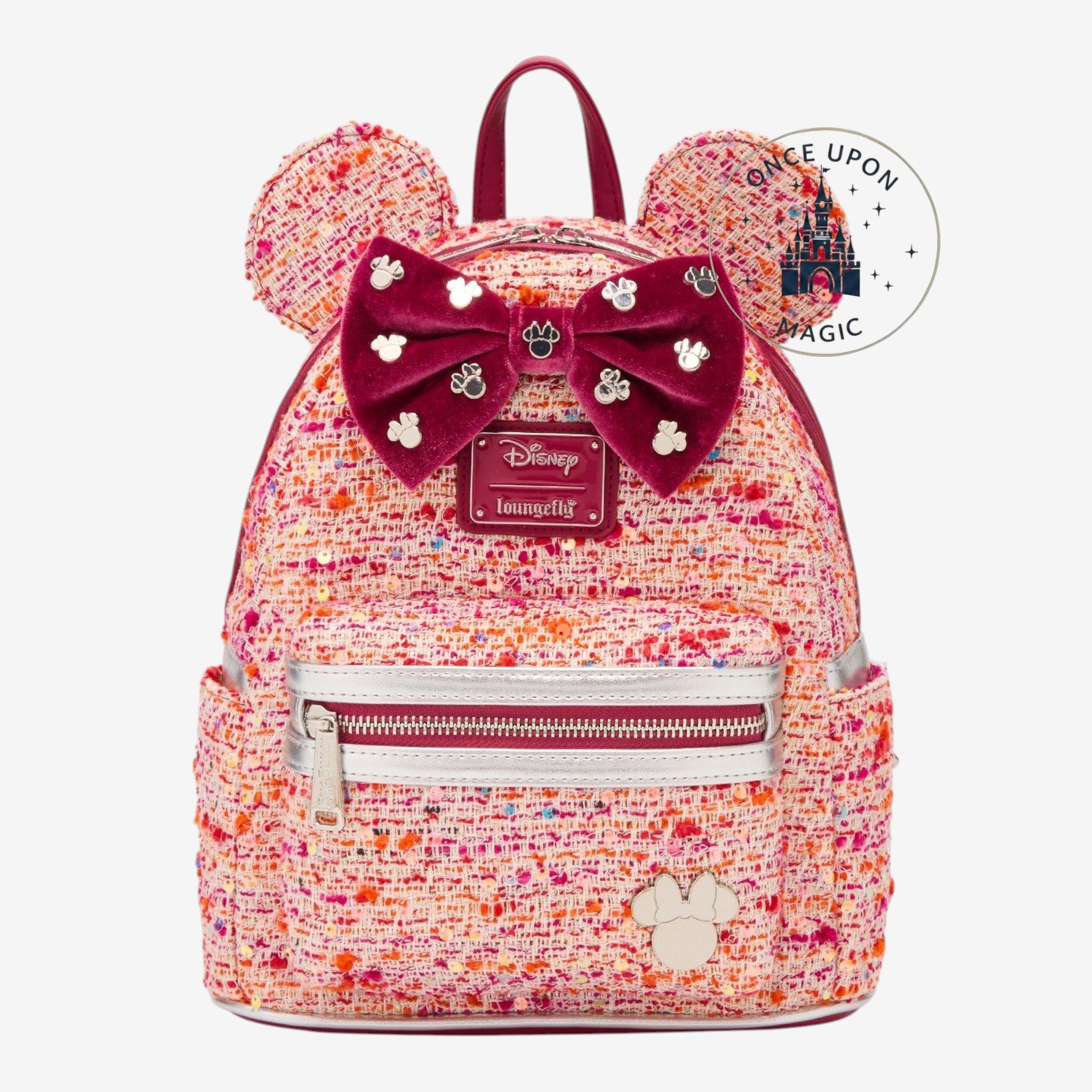 Once Upon Magic pink bouclé Minnie Mouse ears backpack with velvet bow and sequin details.