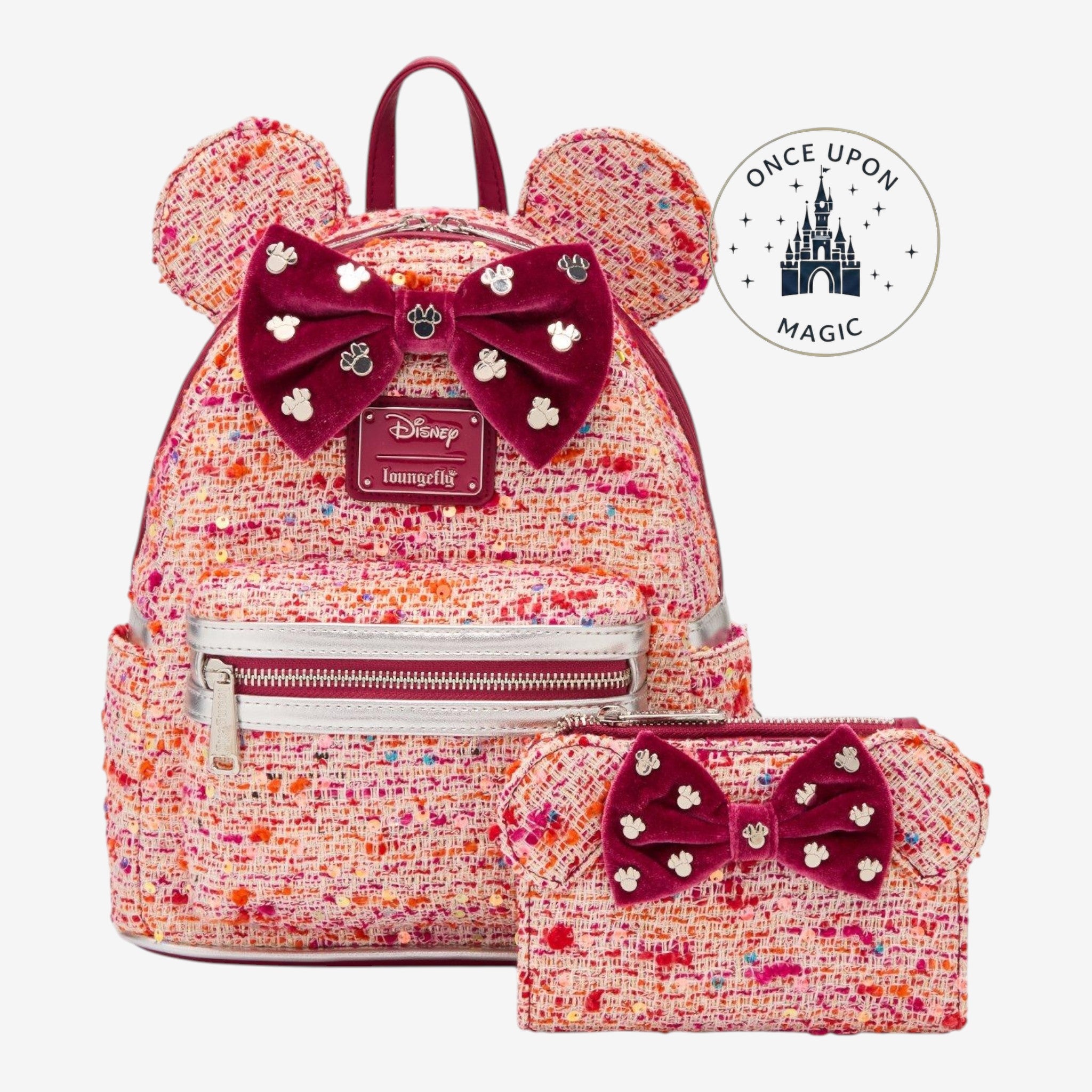 Once Upon Magic pink bouclé fabric Minnie Mouse ears backpack with sequin details and velvet bow.