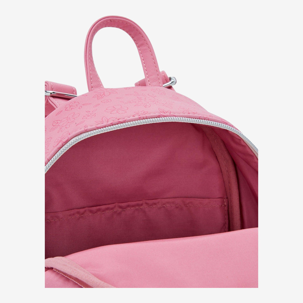 Once Upon Magic pink faux leather mini backpack with embossed floral pattern and Rapunzel & Pascal graphic.