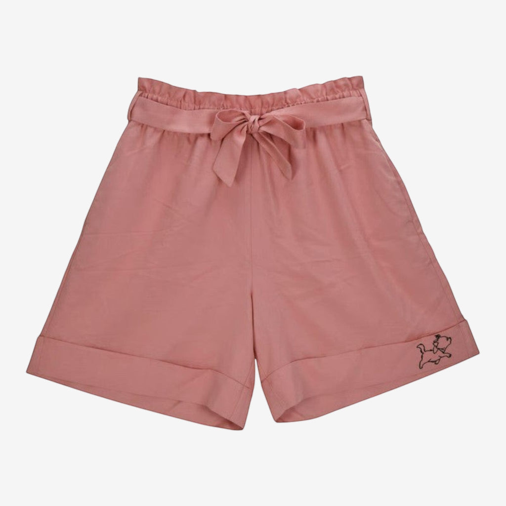 Once Upon Magic pink satin paperbag waist shorts with adjustable tie and embroidered Marie cat detail.