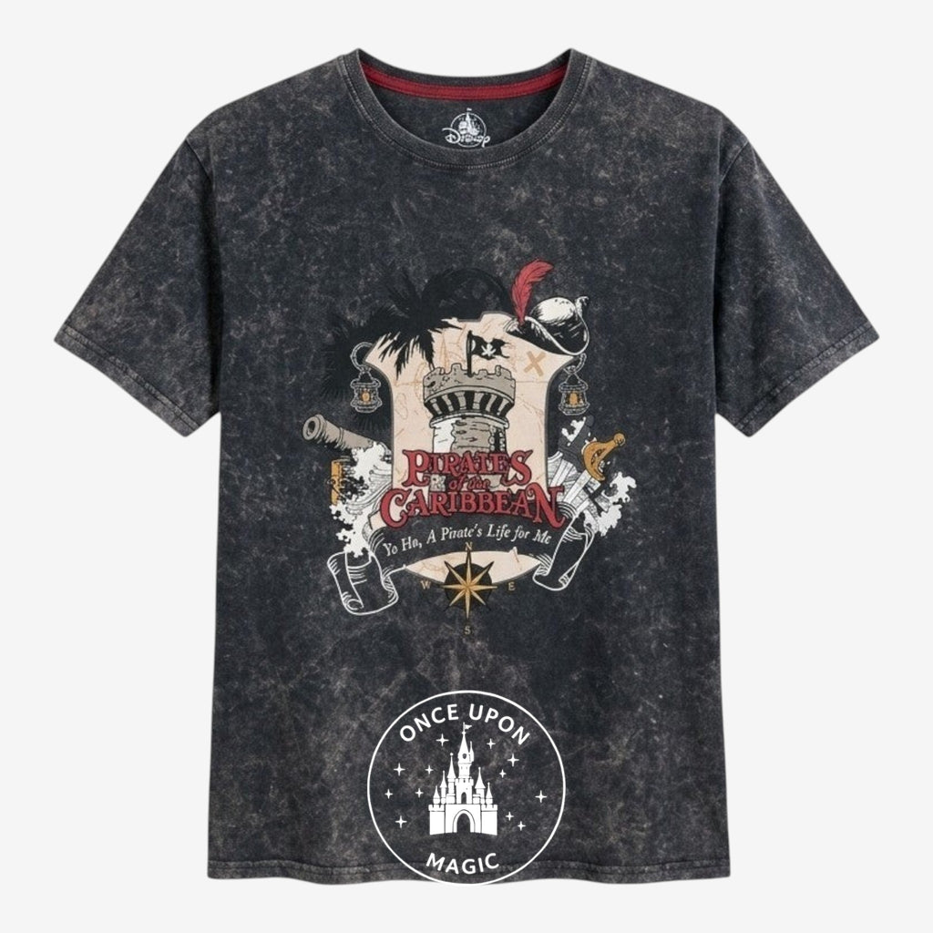 Once Upon Magic charcoal mineral-washed cotton t-shirt with Pirates of the Caribbean crest graphic and slogan.