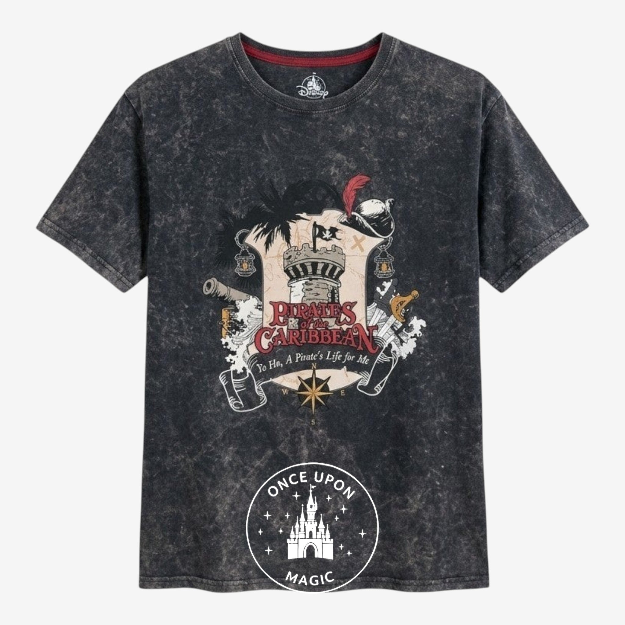 Once Upon Magic charcoal mineral-washed cotton t-shirt with Pirates of the Caribbean crest graphic and slogan.