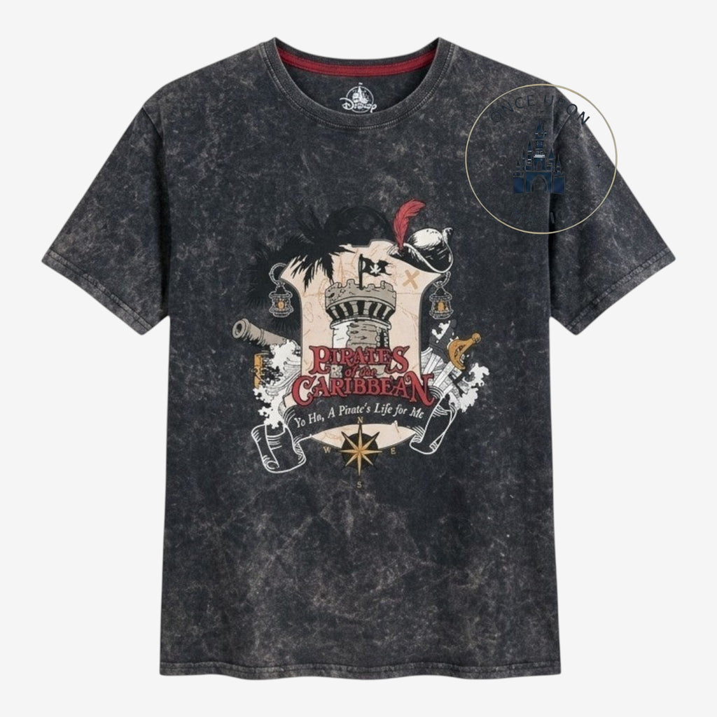 Once Upon Magic Pirates of the Caribbean graphic t-shirt with a distressed charcoal mineral wash cotton fabric and a vintage crest design.