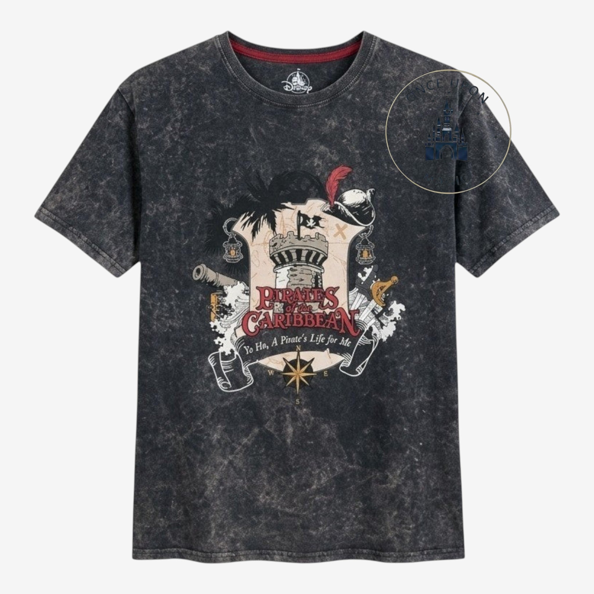 Once Upon Magic Pirates of the Caribbean graphic t-shirt with a distressed charcoal mineral wash cotton fabric and a vintage crest design.