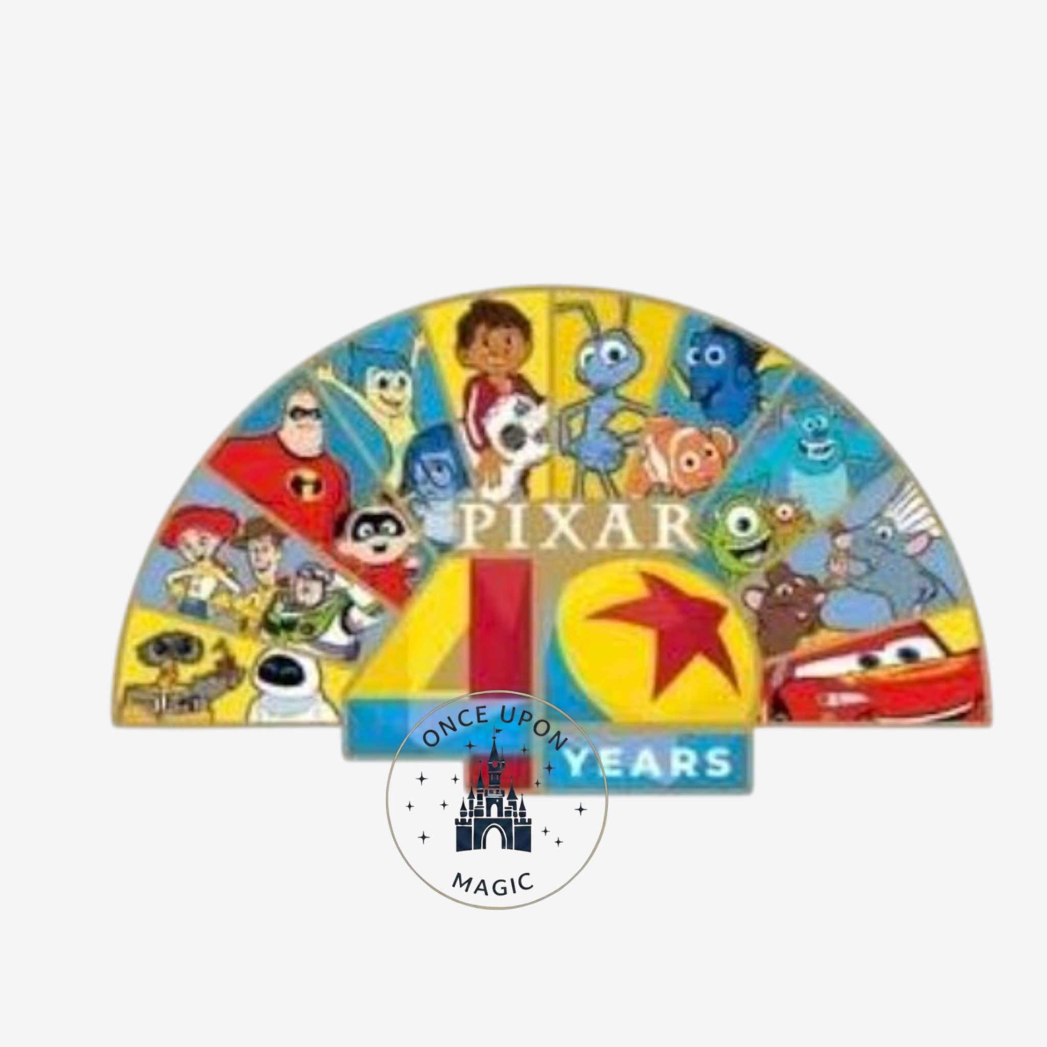 Once Upon Magic Pixar 40 Years Anniversary graphic featuring beloved characters like Woody, Buzz Lightyear, Wall-E, and Lightning McQueen.