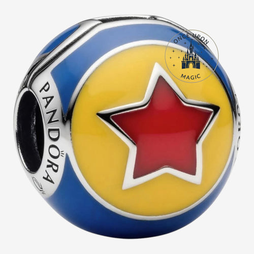 Once Upon Magic Pixar Ball charm with yellow sphere, red star, and blue accents. Compatible with Pandora bracelets.