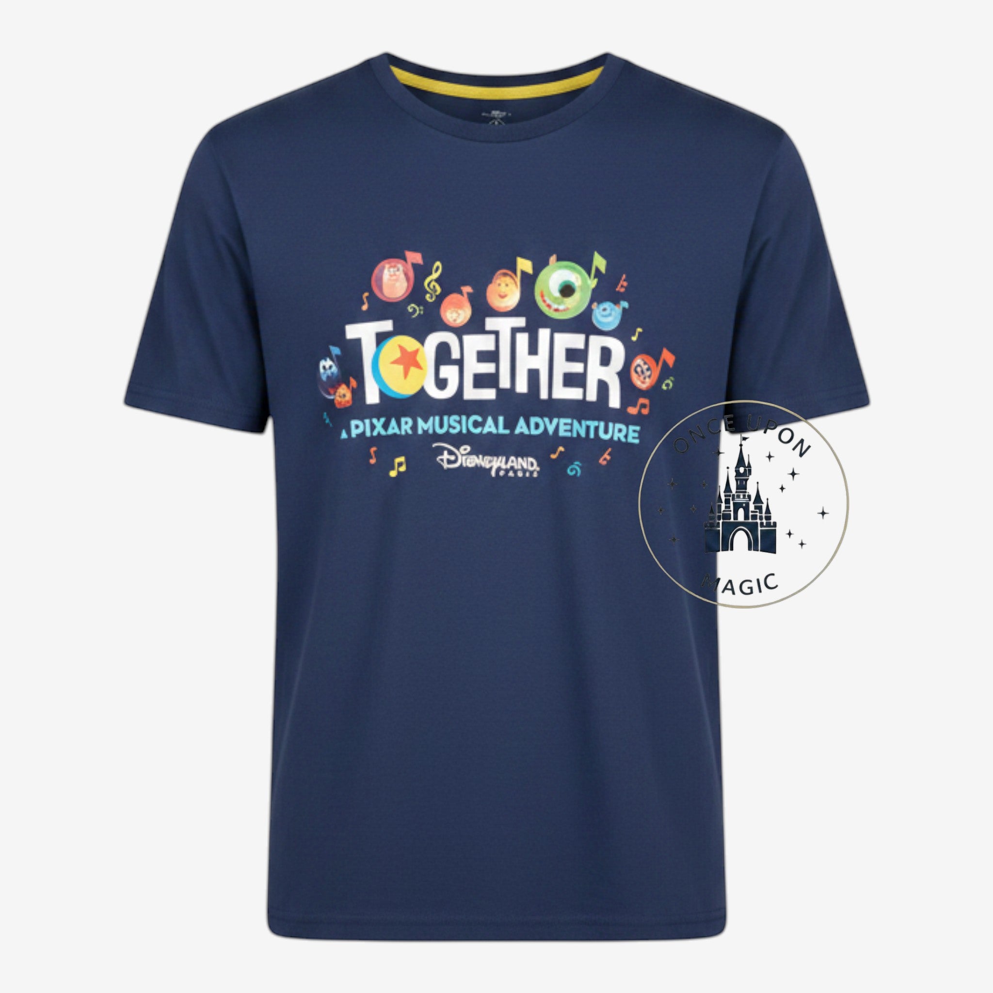 Once Upon Magic navy blue Pixar Together Musical Adventure graphic t-shirt with colorful character print.