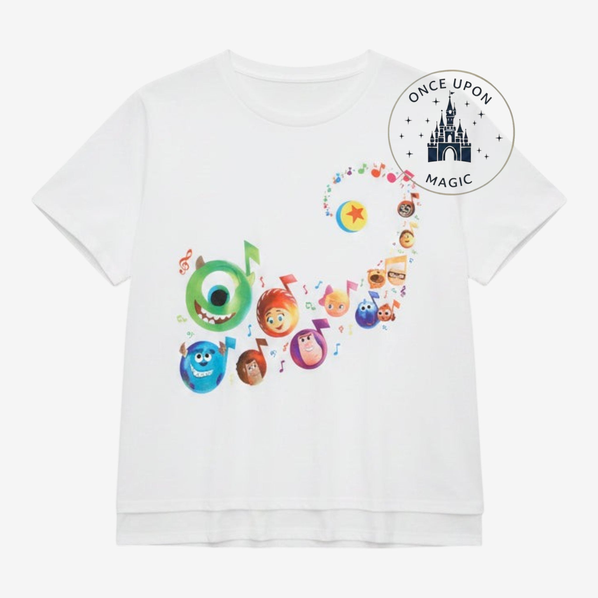 Once Upon Magic white t-shirt featuring a colorful Pixar character musical note print on the front.