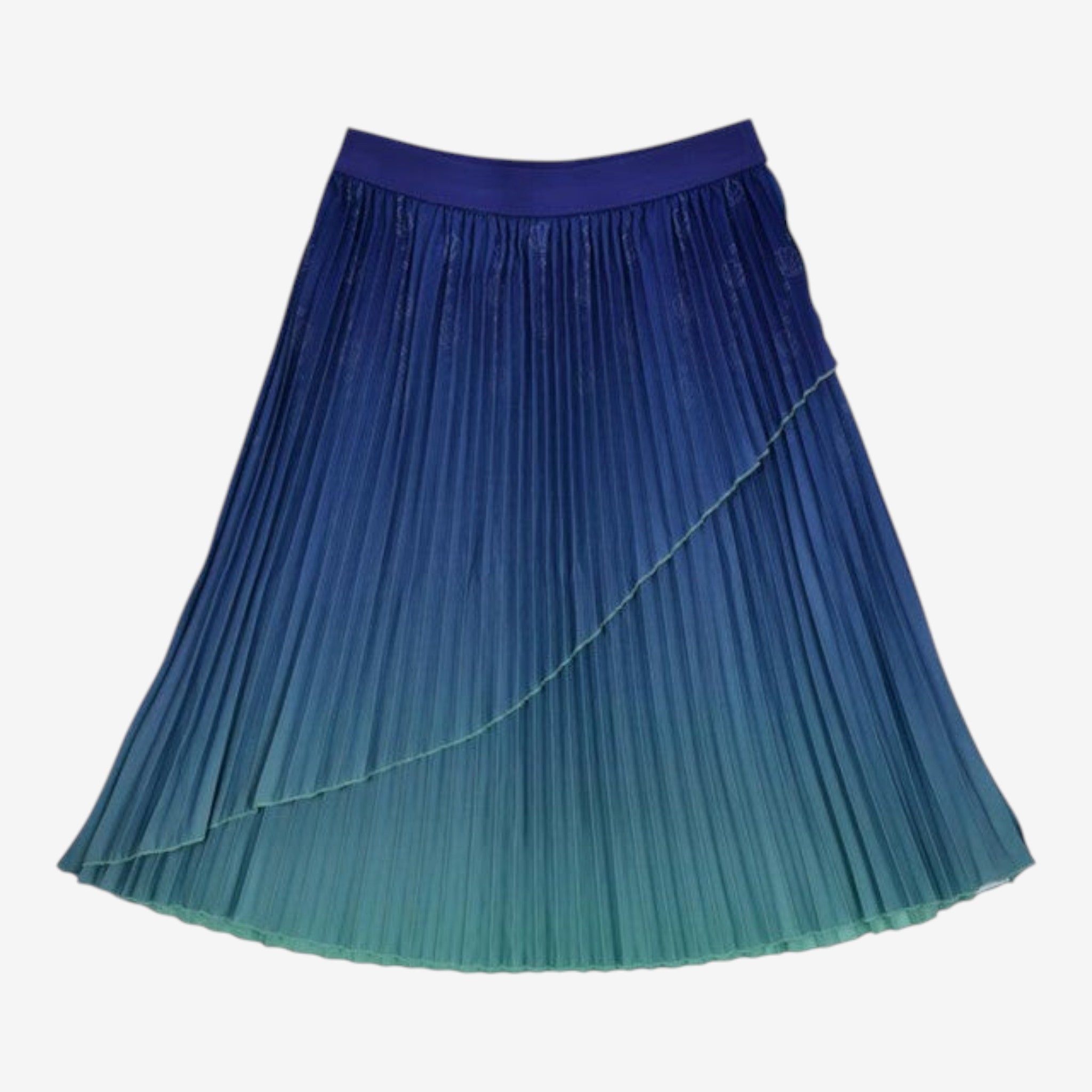 Once Upon Magic pleated ombre midi skirt in navy to teal, featuring a shimmering fabric and flattering silhouette.