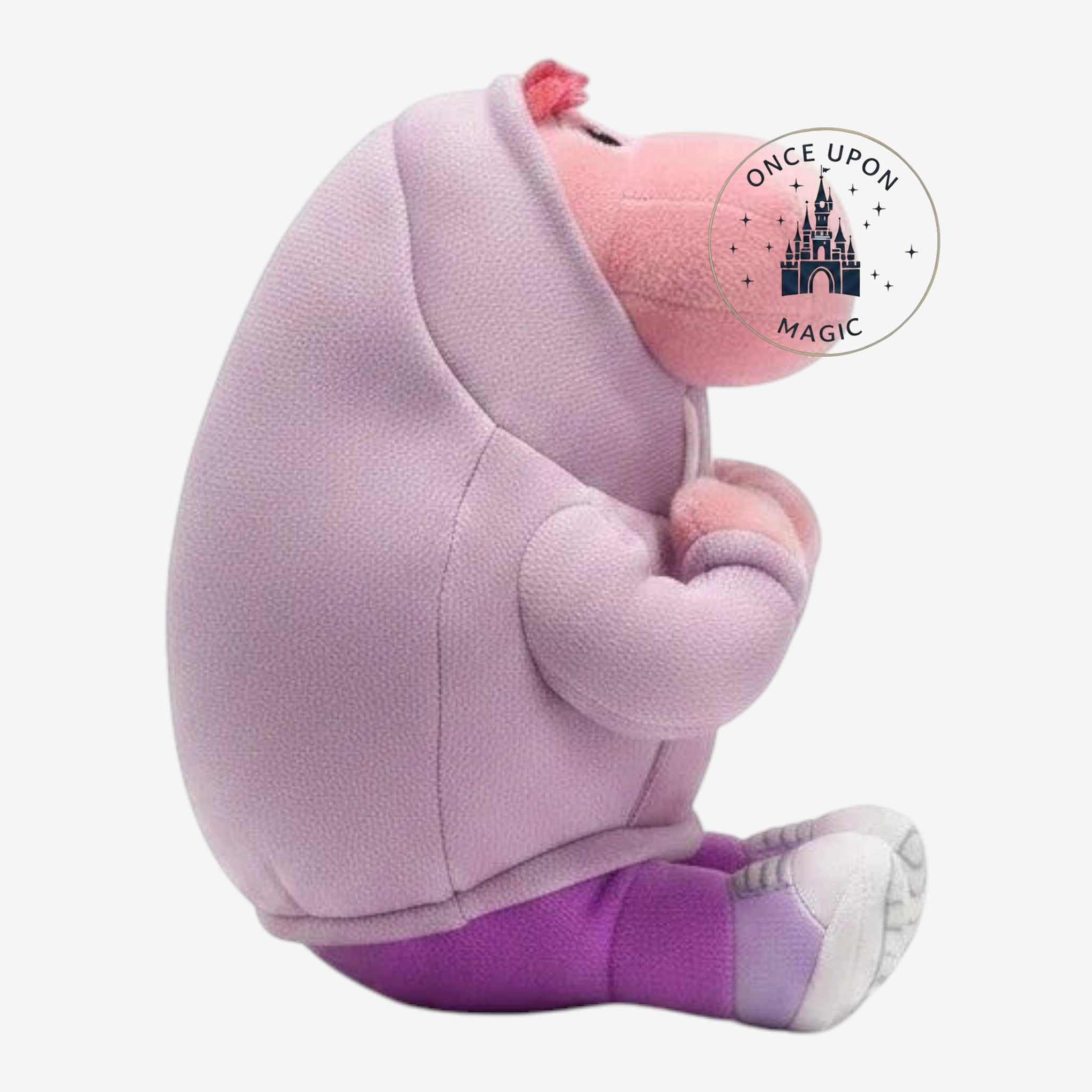 Once Upon Magic plush character wearing a lavender hoodie and sneakers, side view on white background.