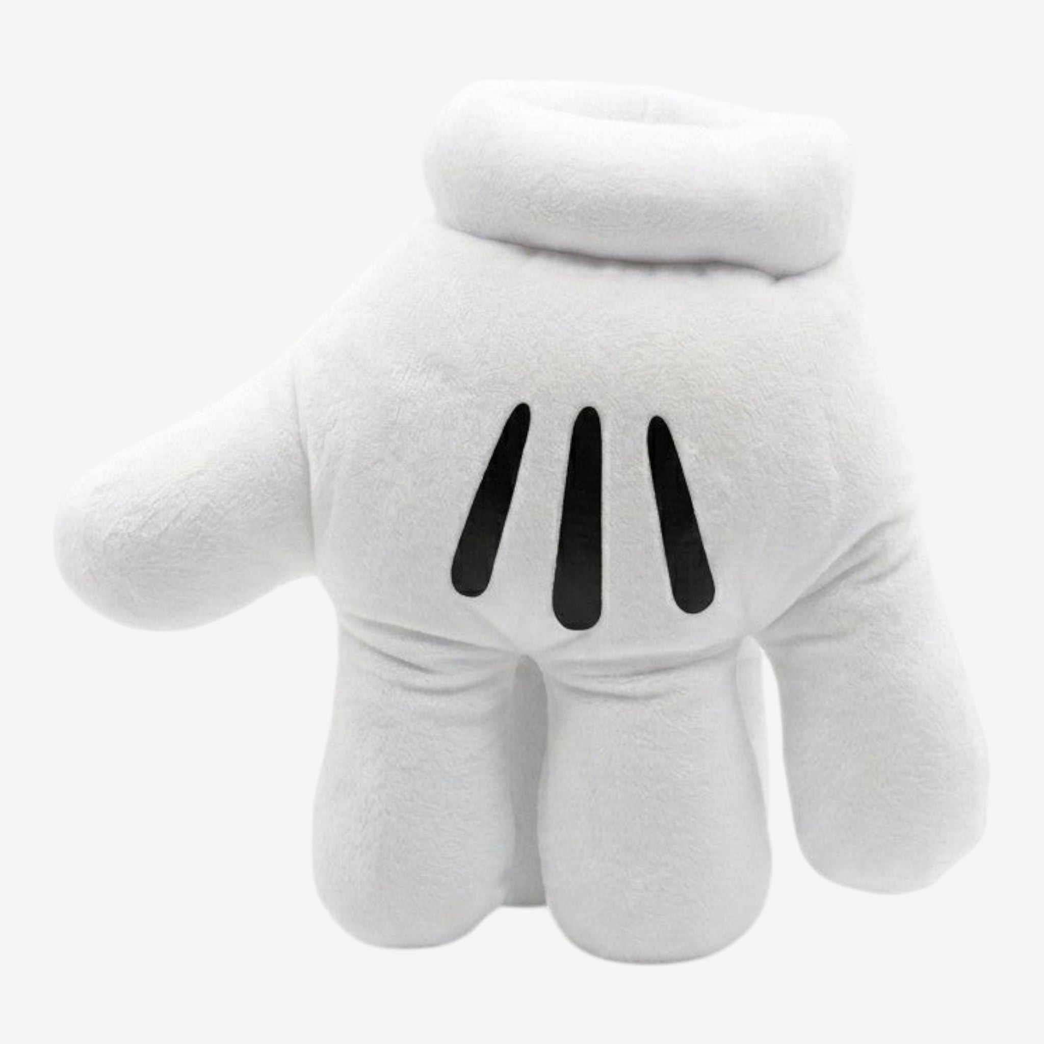 Once Upon Magic white plush cartoon glove pillow with black finger details. Soft, velvety fabric, oversized fit.
