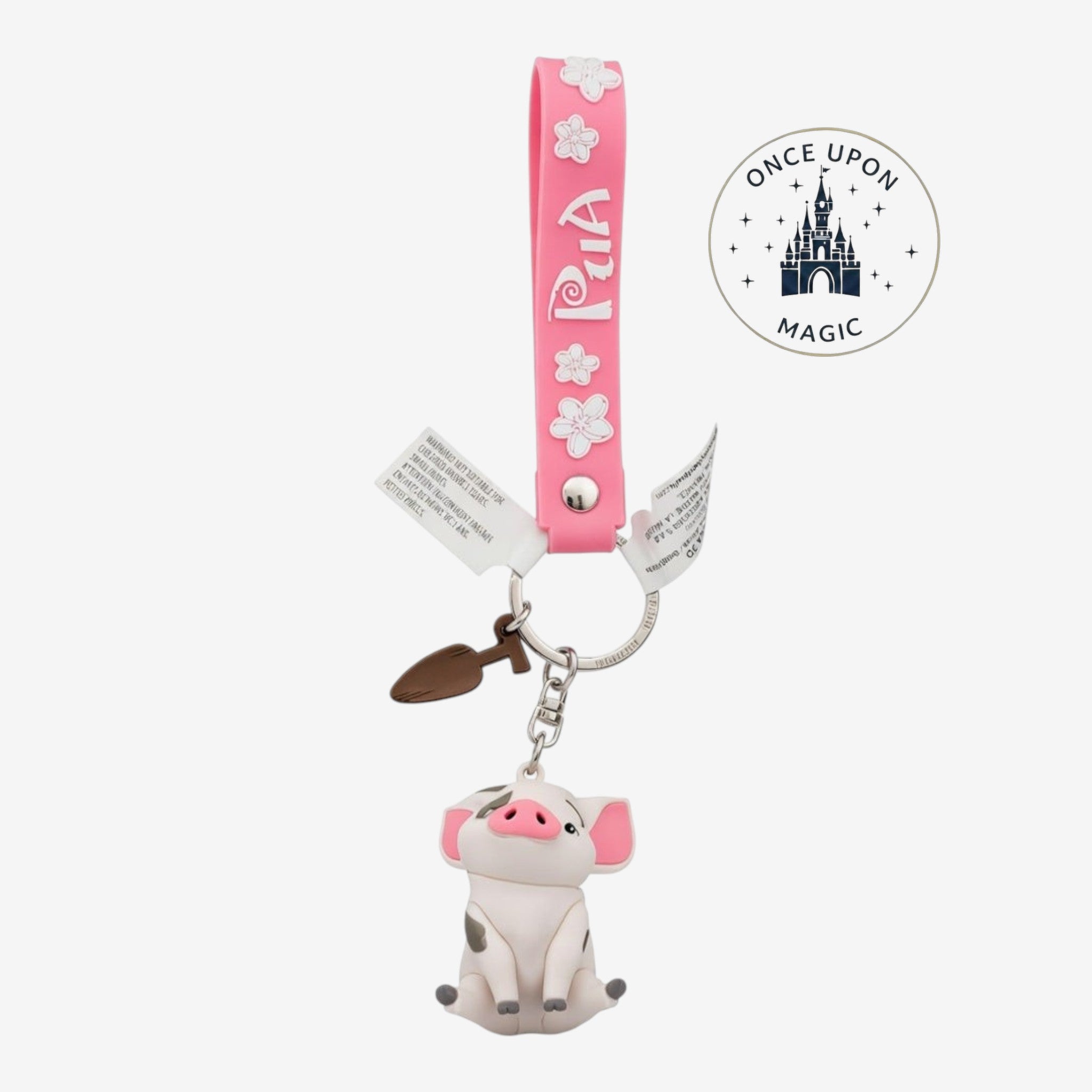 Porte-clés Once Upon Magic en silicone représentant Pua de Vaiana avec lanière rose fleurie et charm pagaïe.