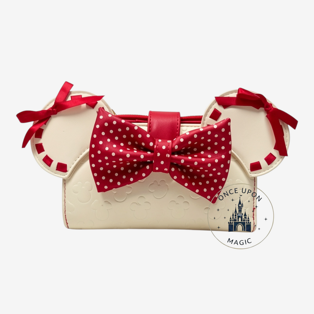 Portefeuille Loungefly Disney Minnie Mouse crème et rouge à pois, avec nœud et oreilles. Similicuir.