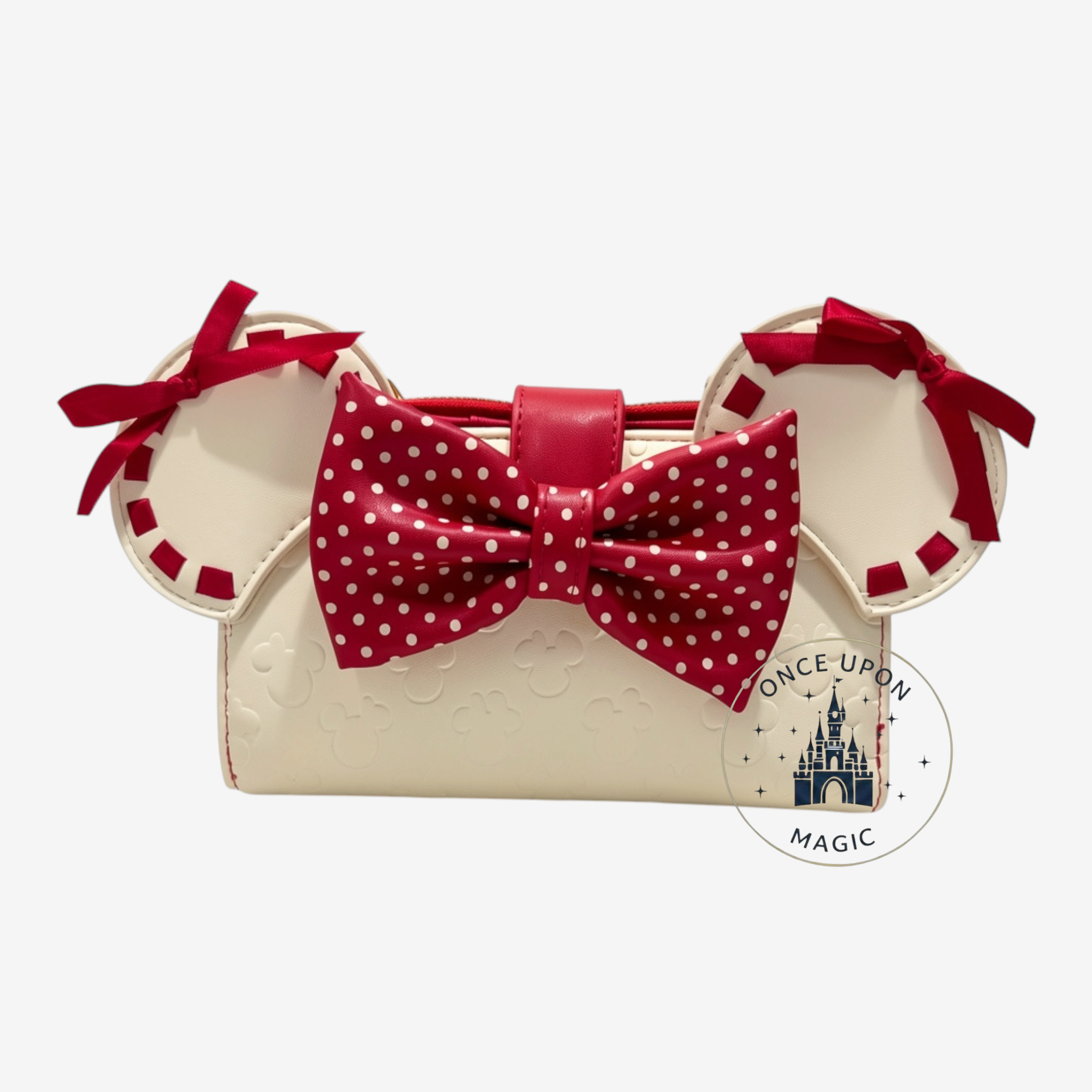 Portefeuille Loungefly Disney Minnie Mouse crème et rouge à pois, avec nœud et oreilles emblématiques.