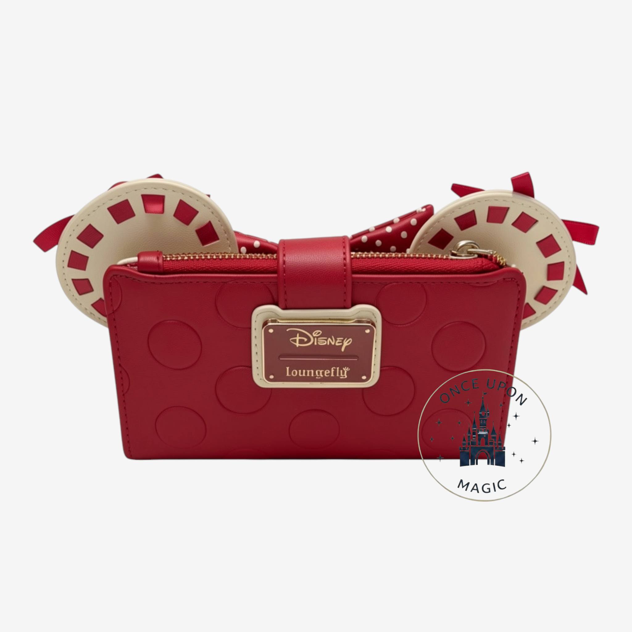 Portefeuille Loungefly Disney Minnie Mouse rouge à pois blancs en similicuir avec nœud et oreilles. Fermeture zippée.